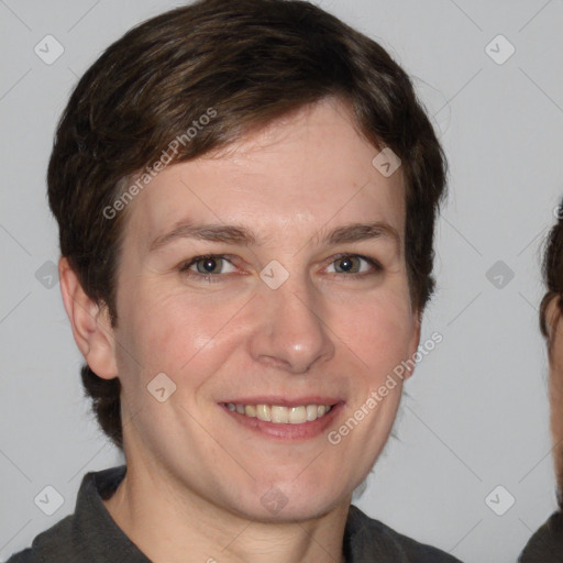 Joyful white young-adult male with medium  brown hair and brown eyes