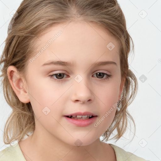 Joyful white child female with medium  brown hair and brown eyes