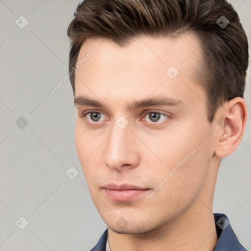 Neutral white young-adult male with short  brown hair and brown eyes