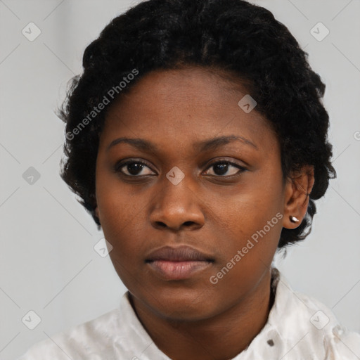 Neutral black young-adult female with short  black hair and brown eyes