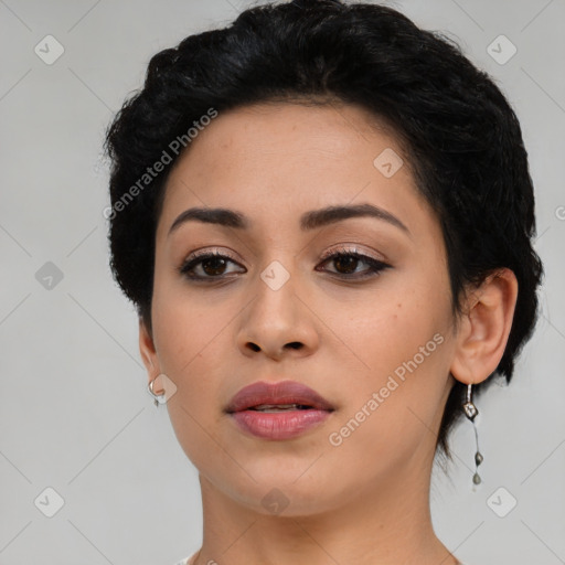 Neutral latino young-adult female with short  black hair and brown eyes