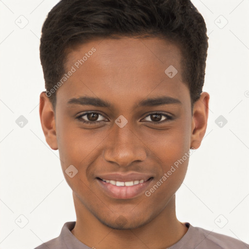 Joyful black young-adult male with short  brown hair and brown eyes