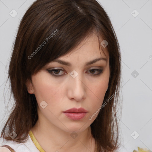 Neutral white young-adult female with medium  brown hair and brown eyes