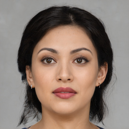 Neutral asian young-adult female with medium  black hair and brown eyes