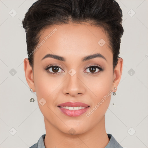 Joyful white young-adult female with short  brown hair and brown eyes