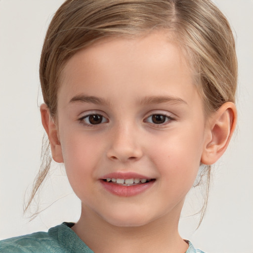 Joyful white child female with medium  brown hair and brown eyes