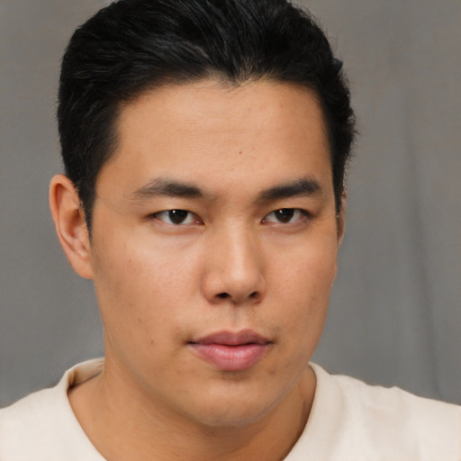 Neutral asian young-adult male with short  brown hair and brown eyes