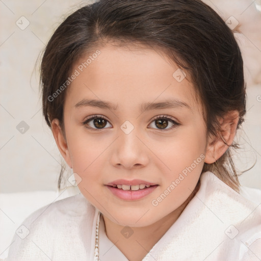 Joyful white child female with medium  brown hair and brown eyes