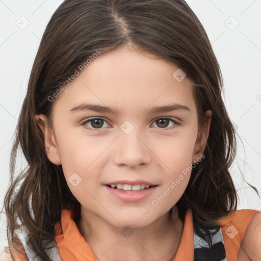 Joyful white child female with medium  brown hair and brown eyes