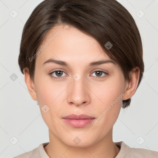 Neutral white young-adult female with medium  brown hair and brown eyes