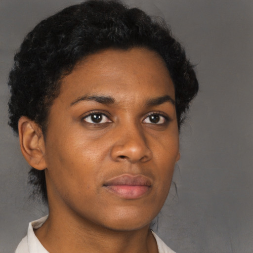 Neutral black young-adult female with short  black hair and brown eyes