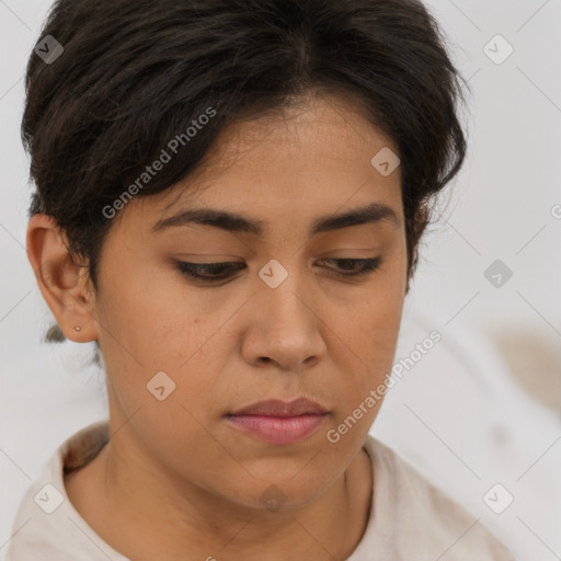 Neutral white young-adult female with short  brown hair and brown eyes