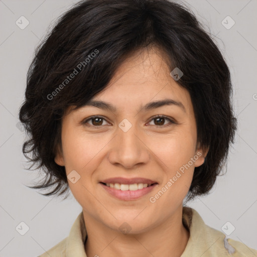 Joyful white adult female with medium  brown hair and brown eyes