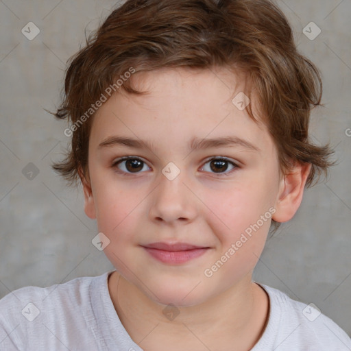 Joyful white child female with medium  brown hair and brown eyes