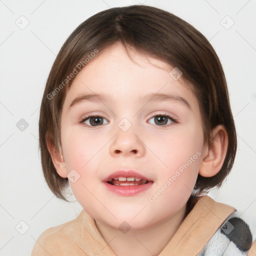 Joyful white child female with medium  brown hair and brown eyes