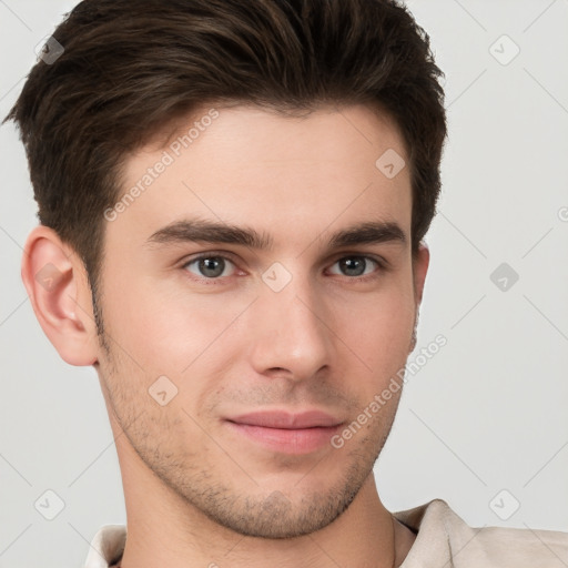 Neutral white young-adult male with short  brown hair and brown eyes