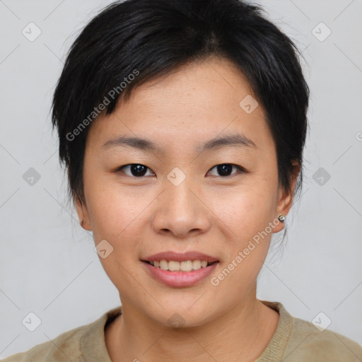 Joyful asian young-adult female with short  brown hair and brown eyes