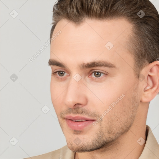 Neutral white young-adult male with short  brown hair and brown eyes