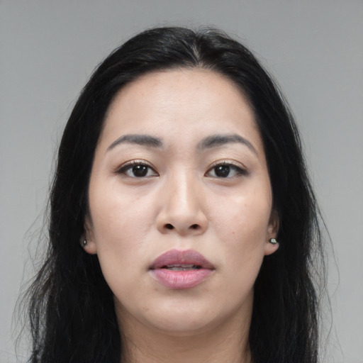 Neutral asian young-adult female with long  black hair and brown eyes