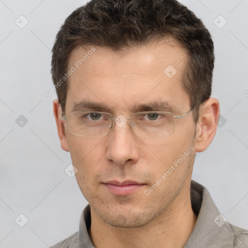 Neutral white adult male with short  brown hair and brown eyes