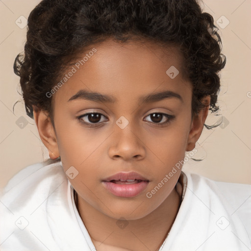 Joyful white child female with medium  brown hair and brown eyes