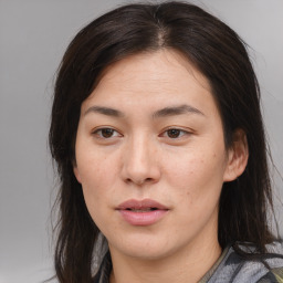 Neutral asian young-adult female with medium  brown hair and brown eyes