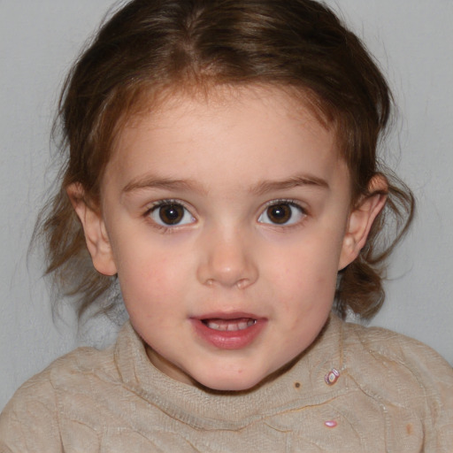 Neutral white child female with medium  brown hair and blue eyes