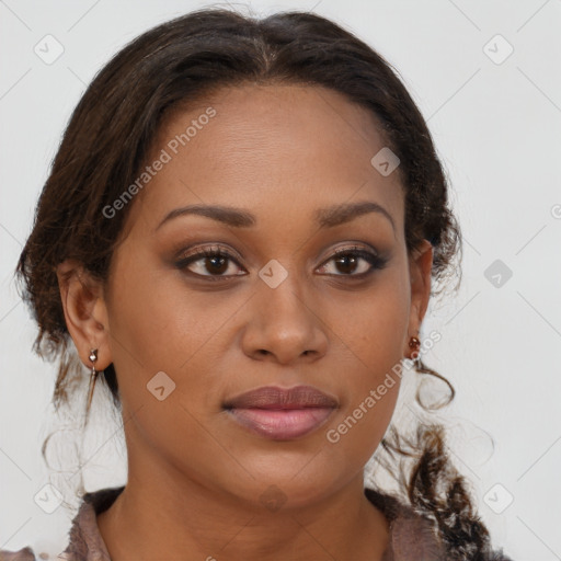 Joyful black young-adult female with medium  brown hair and brown eyes