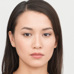 Neutral asian young-adult female with long  brown hair and brown eyes