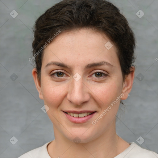 Joyful white young-adult female with short  brown hair and grey eyes