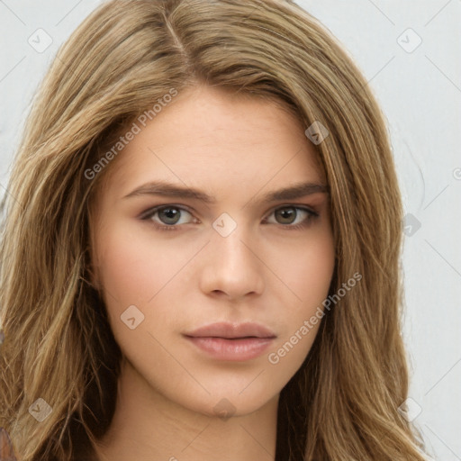 Neutral white young-adult female with long  brown hair and brown eyes