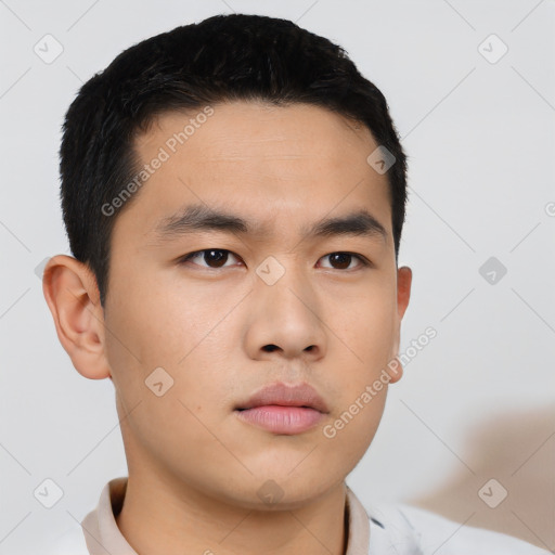 Neutral asian young-adult male with short  black hair and brown eyes