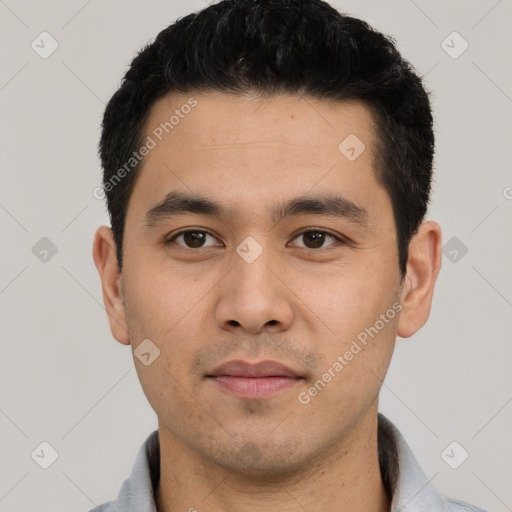 Neutral latino young-adult male with short  black hair and brown eyes