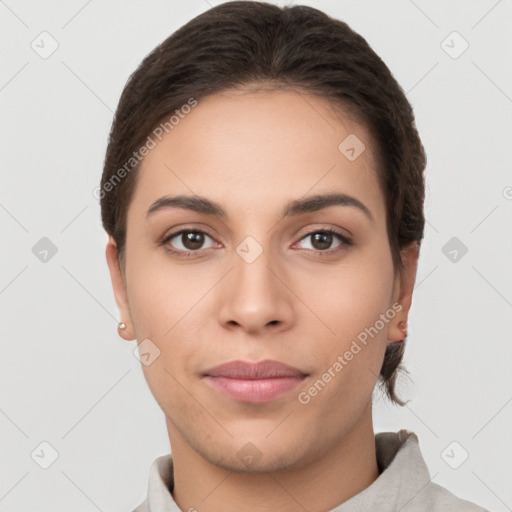 Neutral white young-adult female with short  brown hair and brown eyes