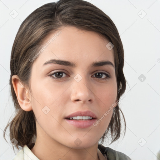 Neutral white young-adult female with medium  brown hair and brown eyes