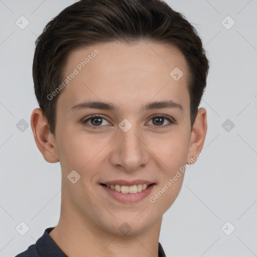 Joyful white young-adult female with short  brown hair and brown eyes