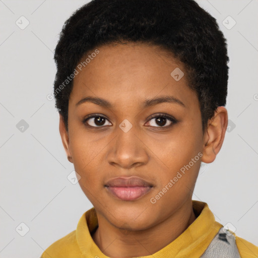 Joyful black young-adult female with short  brown hair and brown eyes