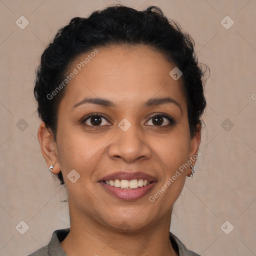 Joyful latino young-adult female with short  brown hair and brown eyes