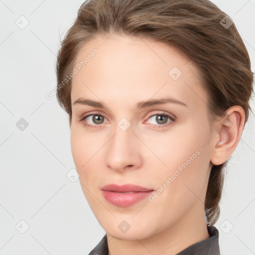 Neutral white young-adult female with medium  brown hair and grey eyes