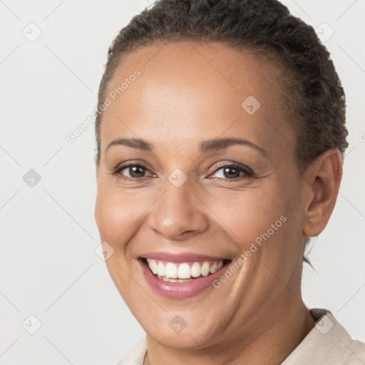 Joyful white young-adult female with short  brown hair and brown eyes