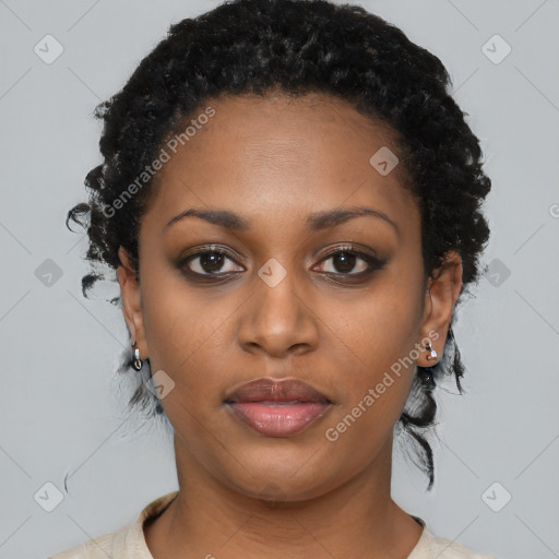 Neutral black young-adult female with short  black hair and brown eyes