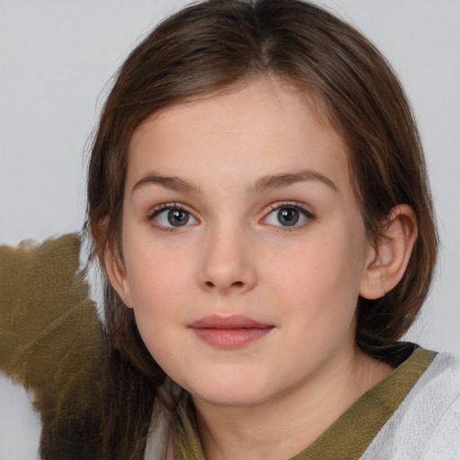 Neutral white child female with medium  brown hair and blue eyes