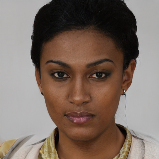 Neutral black young-adult female with short  black hair and brown eyes