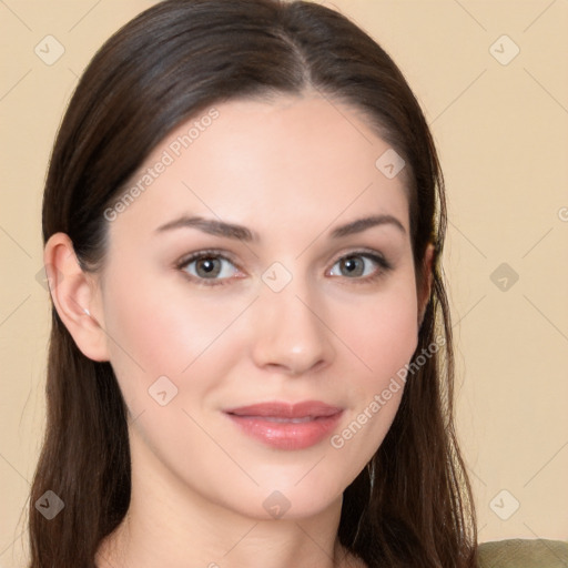 Neutral white young-adult female with long  brown hair and brown eyes