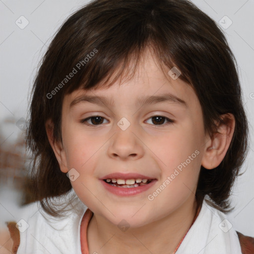 Joyful white child female with medium  brown hair and brown eyes