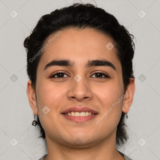 Joyful white young-adult male with medium  brown hair and brown eyes