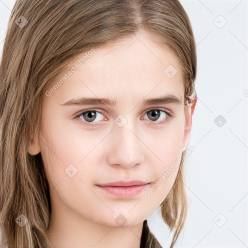 Neutral white young-adult female with long  brown hair and grey eyes