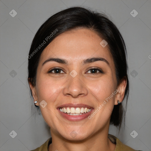 Joyful white young-adult female with medium  brown hair and brown eyes