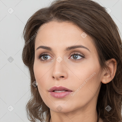 Neutral white young-adult female with long  brown hair and grey eyes