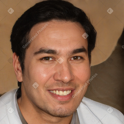 Joyful white adult male with short  brown hair and brown eyes